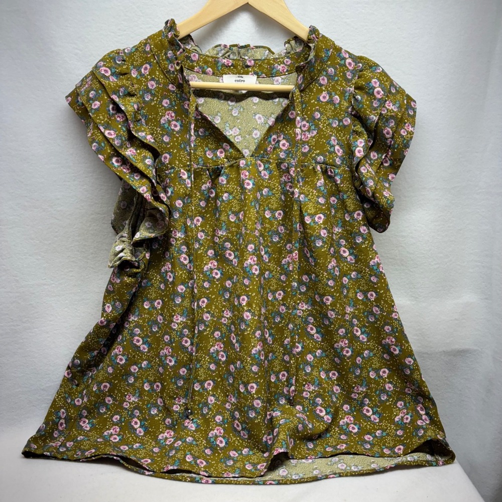 entro Womens Green Floral Ruffle Sleeve‎ Mock Neck Tunic Top Size L